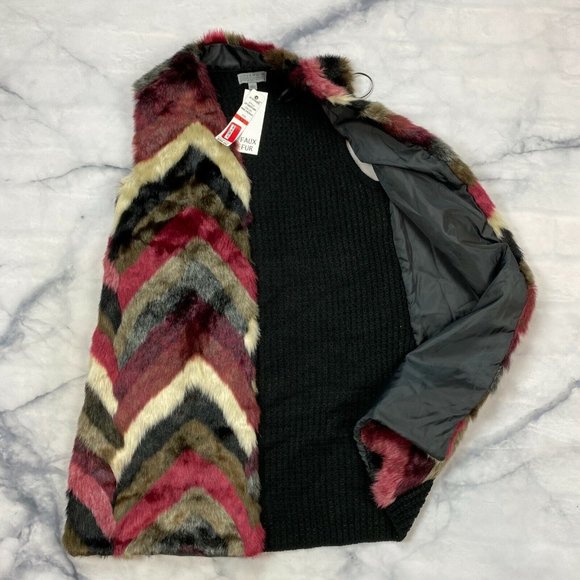 Joseph A Faux Fur Longline Vest Size XS Large Wine Chevron J2F129057D19NR Open - Picture 5 of 7